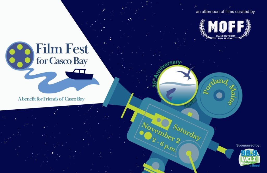 graphic of an old fashioned camera projecting the Film Fest logo on a night sky.