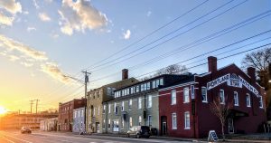 Colorful brick building at sunset