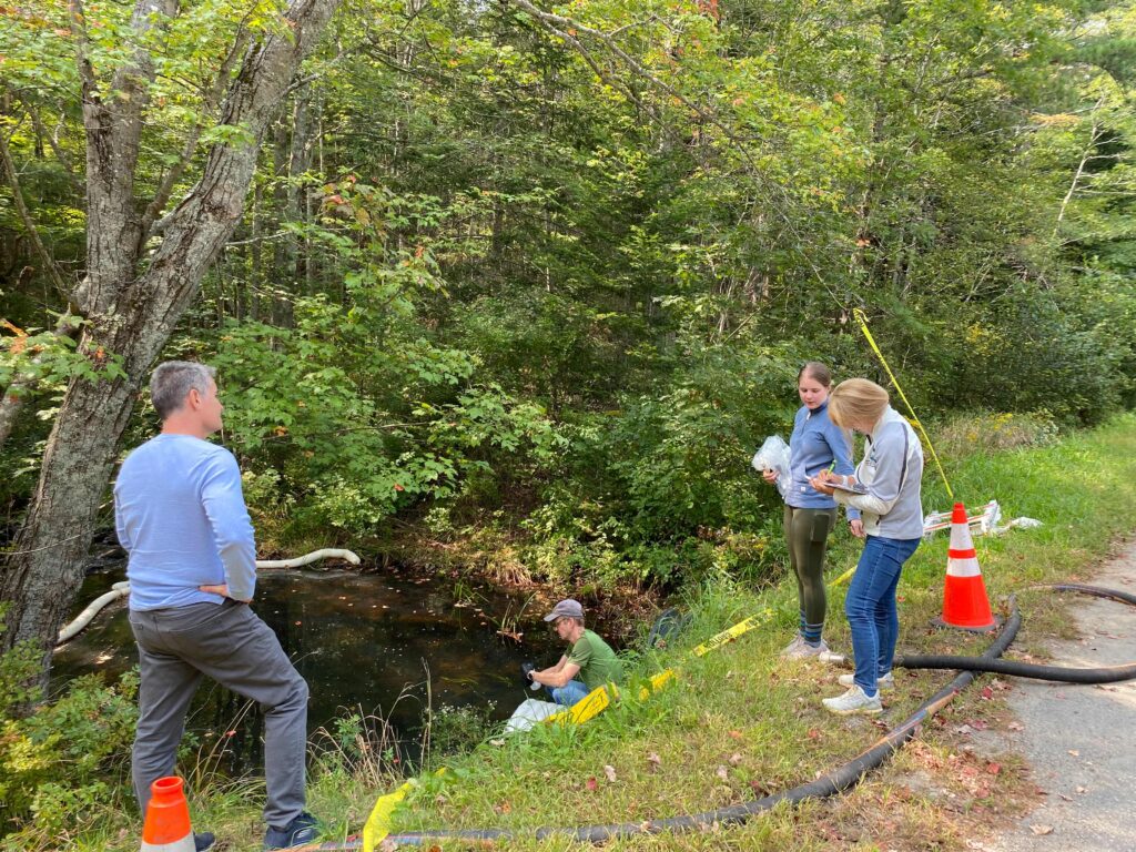 Scientists stand on the side of the road near a drainage ditch, woods, and orange cones with clipboards. One of them is near a creek with a container.