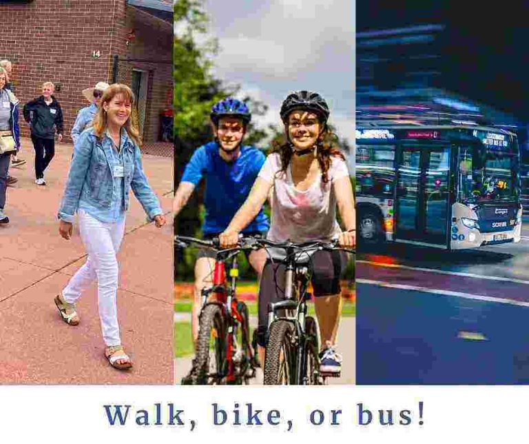 walk, bike, or bus to our event. 3 images: walker, bicyclists, and a bus