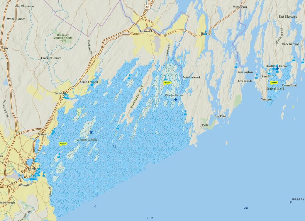 map of pumpout locations in Casco Bay