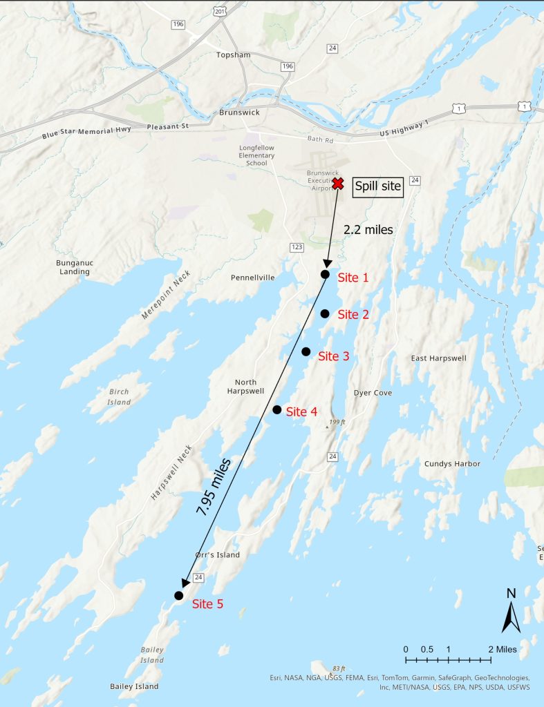 Map of Harpswell Cove with 5 PFAS sampling sites
