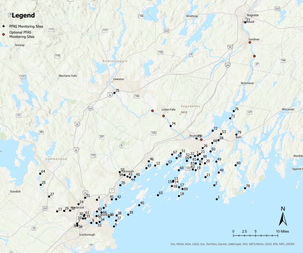 map with PFAS sampling sites across Casco Bay watershed