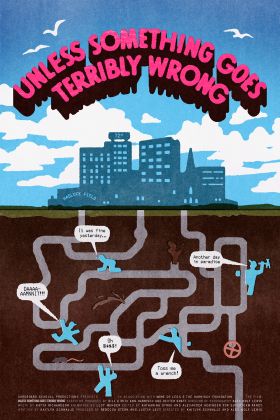 film poster showing illustration of a city, with a cutaway of underground pipes.